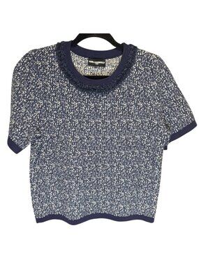 NWT Karl Lagerfeld Paris Blue White Tweed Denim Short Sleeve Sweater L MSRP $119